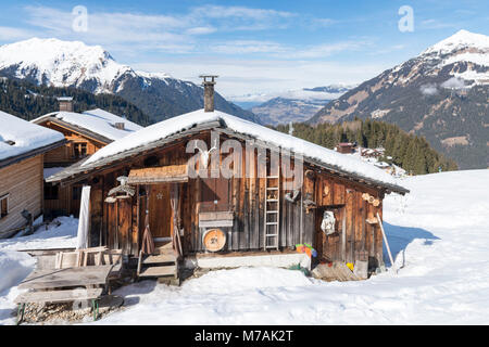 Austria, Montafon, Garfrescha alp village (1550 m), on the upper side of St. Gallenkirch. Detail of a quaint ski hut in the alp village. Stock Photo