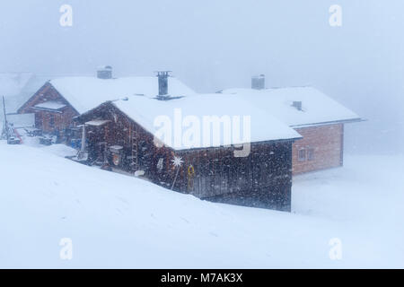 Austria, Montafon, Garfrescha alp village (1550 m), on the upper side of St. Gallenkirch. Quaint ski hut in the alp village. Stock Photo