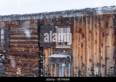 Austria, Montafon, Garfrescha alp village (1550 m), on the upper side of St. Gallenkirch. Quaint ski hut in the alp village. Stock Photo