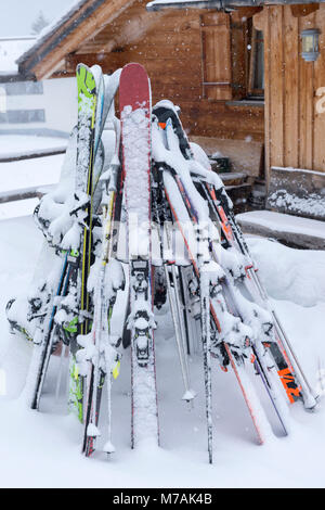 Austria, Montafon, Garfrescha alp village (1550 m), on the upper side of St. Gallenkirch. Quaint ski hut in the alp village. Stock Photo