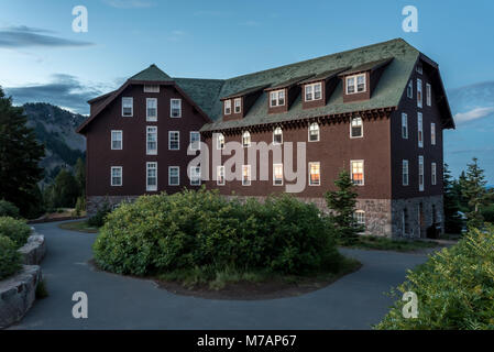 Crater Lake Lodge at Sun Rise in National Park Stock Photo