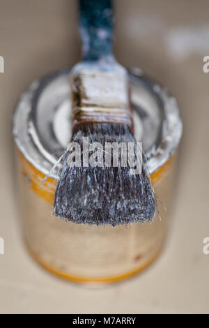 a paint brush lies on a paint pot Stock Photo