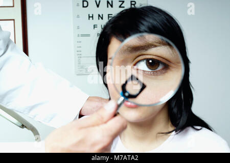 Close-up of a doctor's hand holding a magnifying glass in front of a young woman's eye Stock Photo