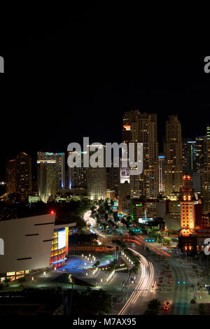 High angle view of a city lit up at night, Downtown Miami, Miami, Florida, USA Stock Photo