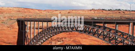 Arch bridge across a river, Glen Canyon Dam Bridge, Lake Powell, Colorado River, Page, Arizona, USA Stock Photo