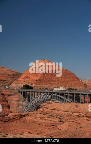 Arch bridge across a river, Glen Canyon Dam Bridge, Lake Powell, Colorado River, Page, Arizona, USA Stock Photo