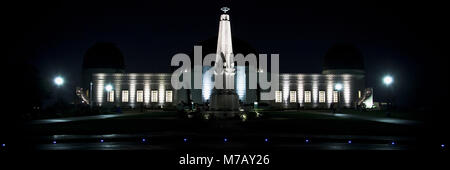 Building lit up at night, Griffith Park Observatory, Los Angeles, California, USA Stock Photo