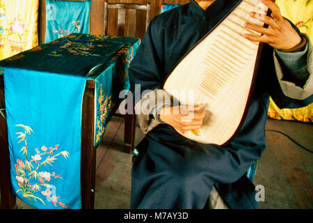 Mid section view of a man playing pipa in a cafe, Tongli, Jiangsu Province, China Stock Photo
