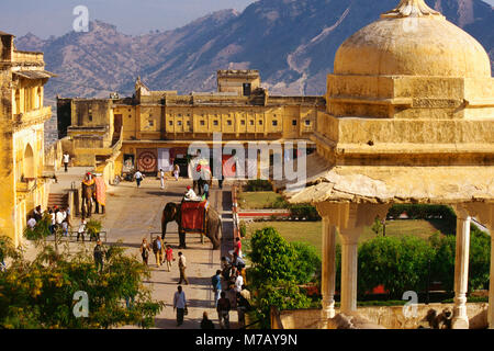 High angle view of tourists and elephants in a palace, Amber Fort, Jaipur, Rajasthan, India Stock Photo