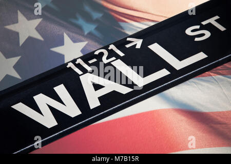 Street name sign superimposed on an American flag, Wall Street, Manhattan, New York City, New York State, USA Stock Photo