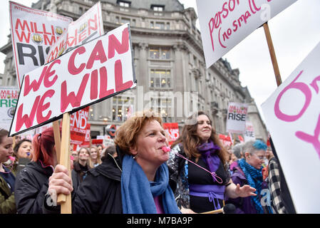 London, UK.  10 March 2018.  Thousands of women take part in the annual Million Women Rise march and rally, walking from Oxford Street to Trafalgar Square to protest against male violence towards women.    Credit: Stephen Chung / Alamy Live News Stock Photo