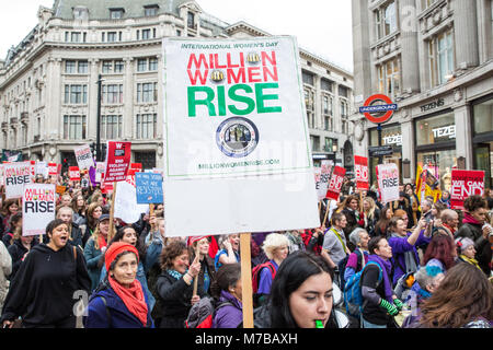 London, UK. 10th March, 2018. Thousands of women take part in the annual Million Women Rise march through central London against male violence in all its forms. The march takes place on the nearest Saturday to International Women's Day. Credit: Mark Kerrison/Alamy Live News Stock Photo