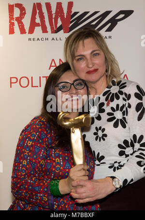 London, UK. 10th March, 2018. Pakistani activist Gulalai Ismail poses with Elena Kudimova after she received the 2017 Anna Politkovskaya Award during the special event 'Refusing To Be Silenced', part of WOW - Women of the World festival, at the Southbank Centre in London, The annual award is presented by the human rights organisation RAW in WAR (Reach All Women in War) which supports women human rights defenders working in places of war and conflict. Credit: Suzanne Plunkett/Alamy Live News Stock Photo