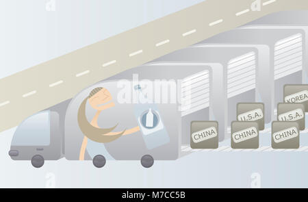 Row of trucks offloading goods from China Stock Photo