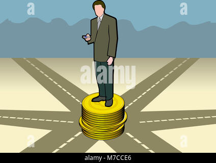 Businessman standing on gold coins holding a mobile phone Stock Photo