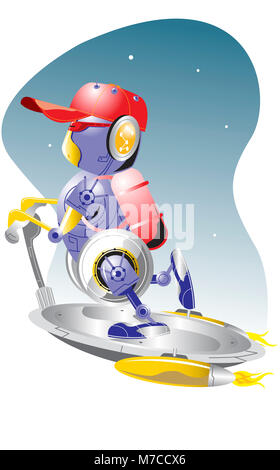 Robot riding a flying saucer Stock Photo