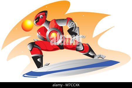 Robot riding a flying saucer Stock Photo