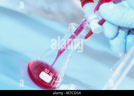 Close-up of a person's hand adjusting the stopcock of a separating funnel Stock Photo