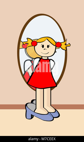 Girl standing in front of a mirror Stock Photo