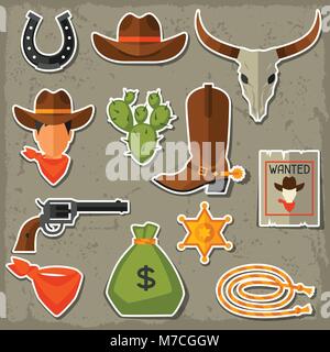 Wild west cowboy objects and stickers set Stock Vector