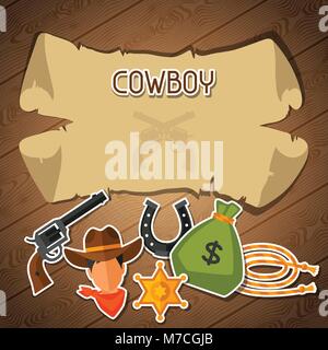 Wild west background with cowboy objects and stickers Stock Vector