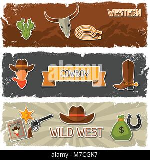 Wild west banners with cowboy objects and stickers Stock Vector