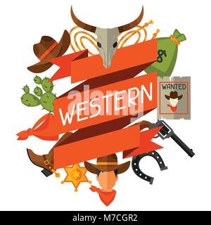 Wild west background with cowboy objects and design elements Stock Vector