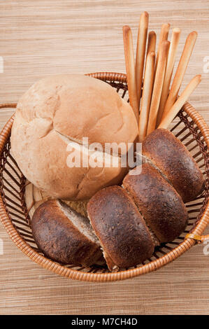 High angle view of a basket of assorted breads Stock Photo