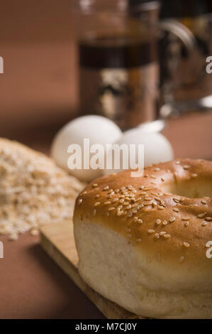 Close-up of breads with eggs and coffee Stock Photo