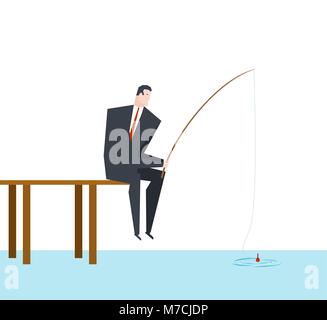 Businessman is fishing. boss is sitting with fishing rod  on dock. office life vector illustration. Stock Vector