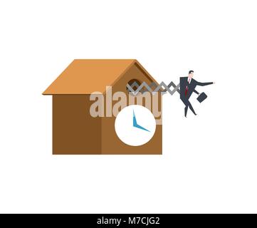 Businessman cuckoo in clock. Watch for boss . office life vector illustration. Stock Vector