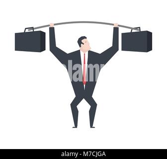 Businessman lifts weights Heavy suitcase. Boss is weightlifter. office life vector illustration. Stock Vector