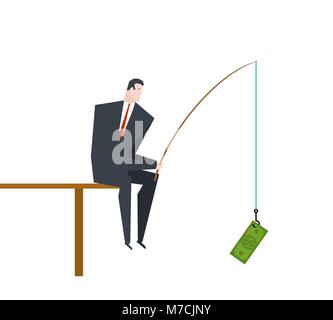 Businessman is fishing Profit. boss is sitting with fishing rod  on dock. office life vector illustration. Stock Vector