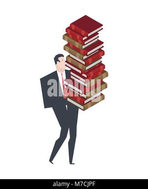 Businessman carry stack of books. Boss and lot of book. Vector illustration Stock Vector