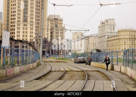 Moscow, Russia - Oct 3, 2016. Transport infrastructure of railway station in Moscow, Russia. Rails leading to interurban platforms. Stock Photo