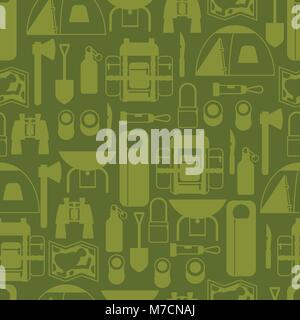 Tourist seamless pattern with camping equipment in flat style Stock Vector