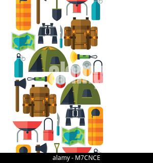 Tourist seamless pattern with camping equipment in flat style Stock Vector
