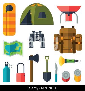 Tourist set of camping equipment icons in flat style Stock Vector