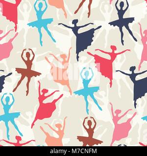 Seamless pattern of ballerinas silhouettes in dance poses Stock Vector