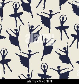 Seamless pattern of ballerinas silhouettes in dance poses Stock Vector