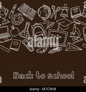 School seamless pattern with hand drawn icons on chalk board Stock Vector