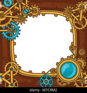 Steampunk frame collage of metal gears in doodle style Stock Vector
