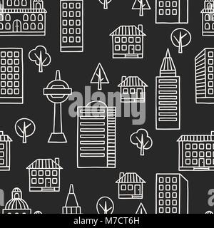 Town seamless pattern with hand drawn houses Stock Vector