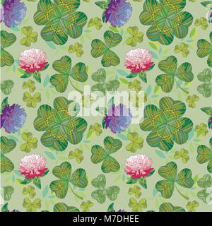 Seamless natural clover background with flowers on a green background Stock Vector