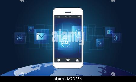 Smart phone screen showing digital circuit boards with icon and world map background, Symbol of international communication, World connected. Stock Vector