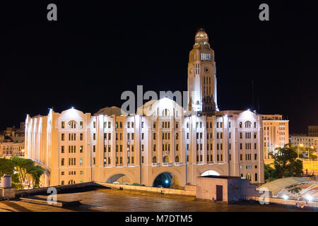 Montevideo, Uruguay - February 25th, 2018: The customs building (Aduana de Montevideo) at night at The Port of Montevideo at night in Uruguay, South A Stock Photo