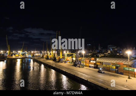 Montevideo, Uruguay - February 25th, 2018: The Port of Montevideo at night in Uruguay, South America. Stock Photo