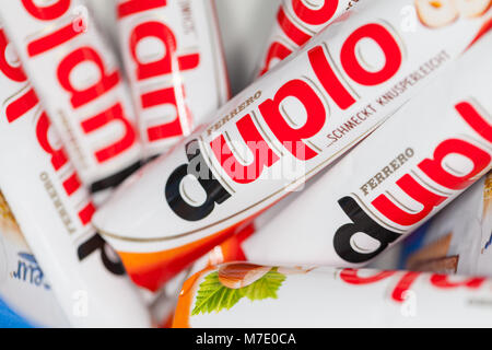 FUERTH / GERMANY - MARCH 3, 2018: Duplo bars lies in a bowl. Duplo produced by Ferrero which was founded  in 1946. Stock Photo