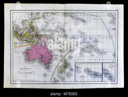 1858 Delamarche Map of Oceania including Australia, New Zealand, Tahiti, Fiji, Hawaii and East Indies Stock Photo