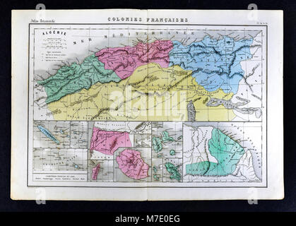 1858 Delamarche Map - French Colonies including Algeria, New Caledonia, Tahiti, St. Helena, Martinique, Guadeloupe and French Guiana Stock Photo